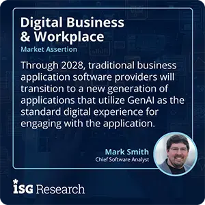 Through 2028, traditional business application software providers will transition to a new generation of applications that utilize GenAI as the standard digital experience for engaging with the application.