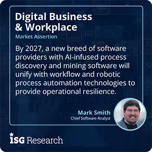 By 2027, a new breed of software providers with AI-infused process discovery and mining software will unify with workflow and robotic process automation technologies to provide operational resilience.