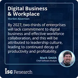 By 2027, two-thirds of enterprises will lack commitment to digital business and effective workforce collaboration, and this will be attributed to leadership culture, leading to continued decay of productivity and profitability. 
