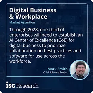 Through 2028, one-third of enterprises will need to establish an AI Center of Excellence (CoE) for digital business to prioritize collaboration on best practices and software for use across the workforce. 